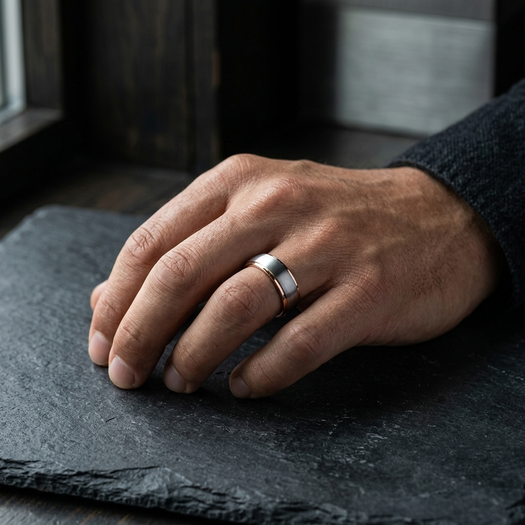 The Rosestep — Silver and Rose Gold Tungsten Wedding Band