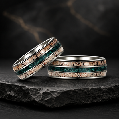 silver tungsten carbide ring with deer antler and meteorite inlay