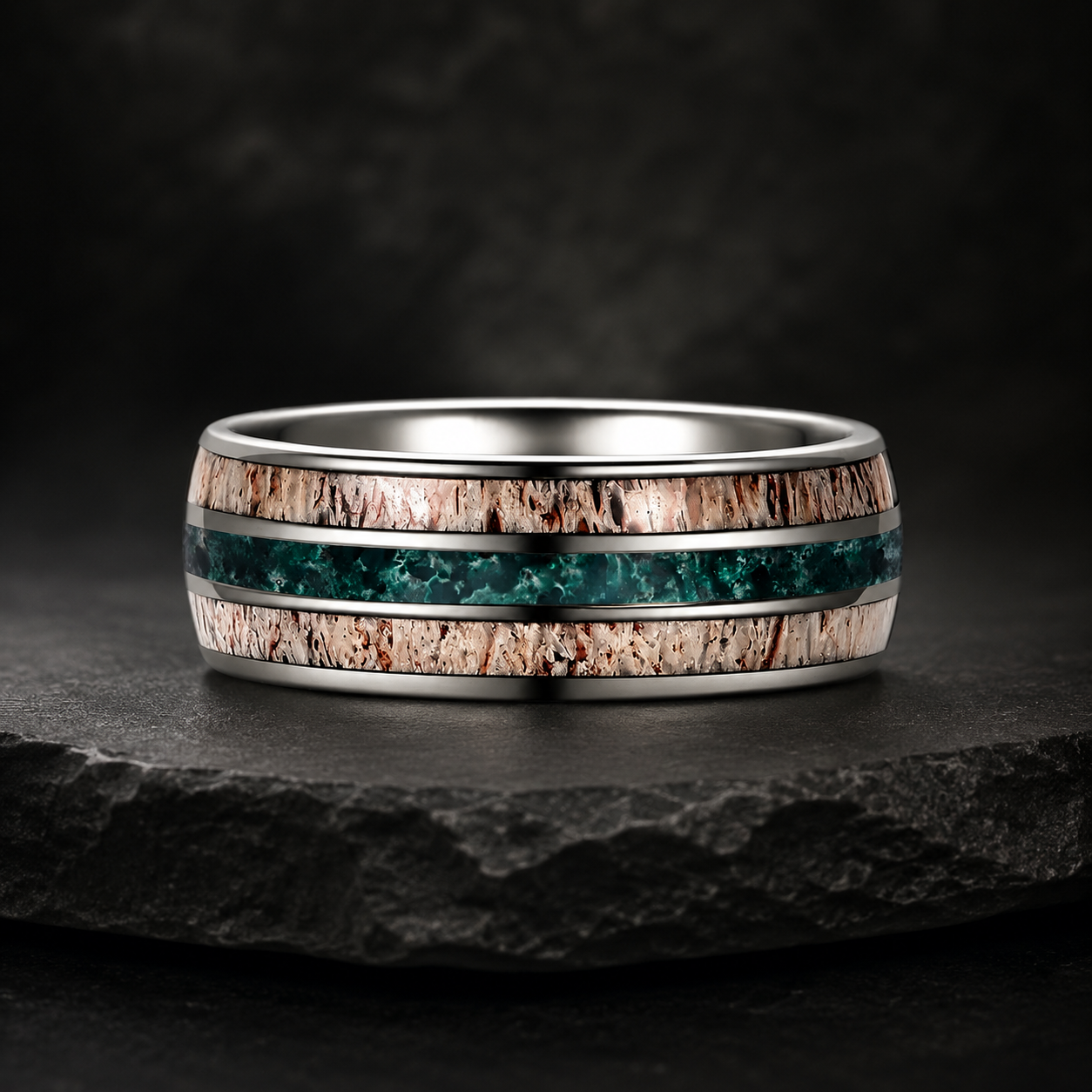 silver tungsten carbide ring with deer antler and meteorite inlay