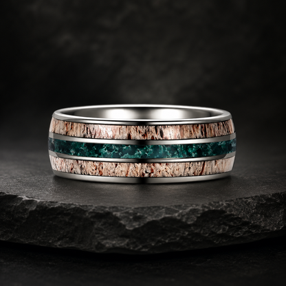 silver tungsten carbide ring with deer antler and meteorite inlay