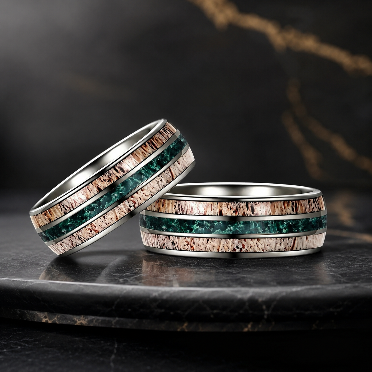silver tungsten carbide ring with deer antler and meteorite inlay