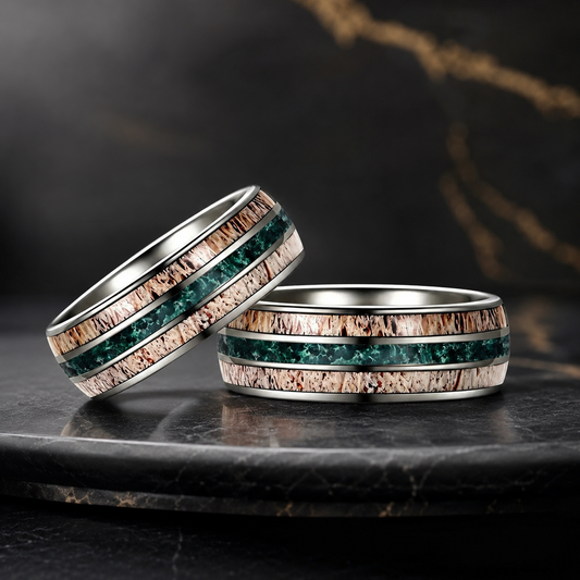 silver tungsten carbide ring with deer antler and meteorite inlay