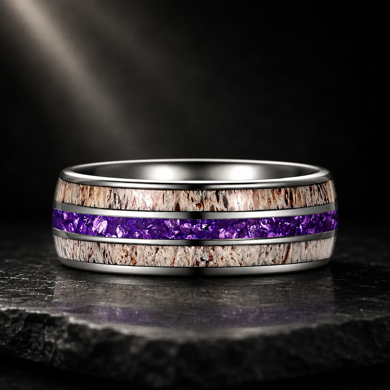 silver tungsten carbide ring with deer antler and meteorite inlay