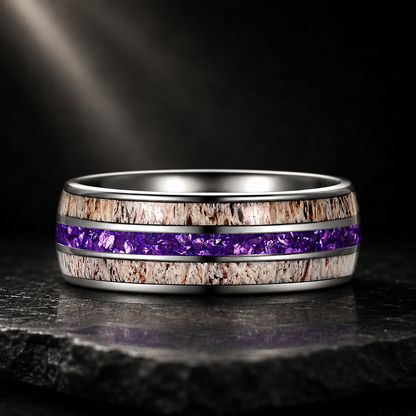 silver tungsten carbide ring with deer antler and meteorite inlay