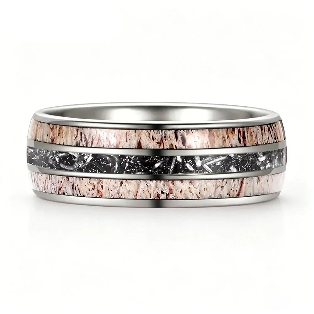silver tungsten carbide ring with deer antler and meteorite inlay