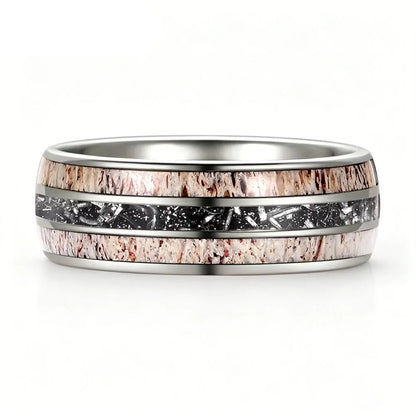 silver tungsten carbide ring with deer antler and meteorite inlay