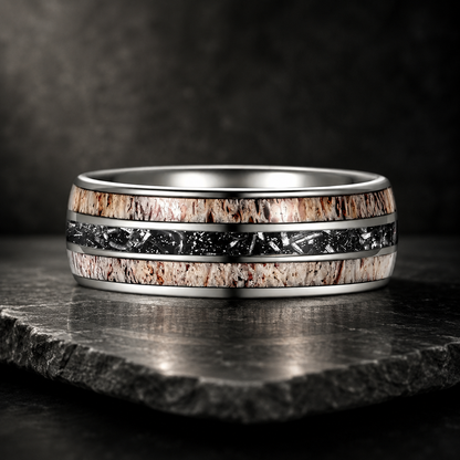 silver tungsten carbide ring with deer antler and meteorite inlay