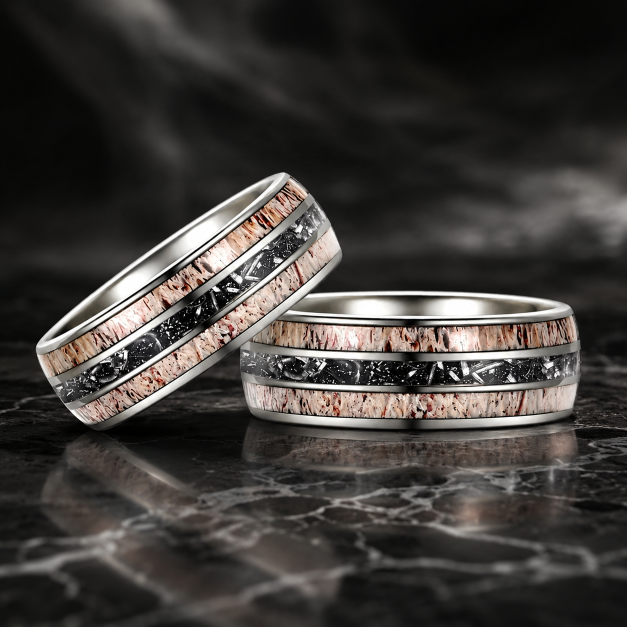 silver tungsten carbide ring with deer antler and meteorite inlay