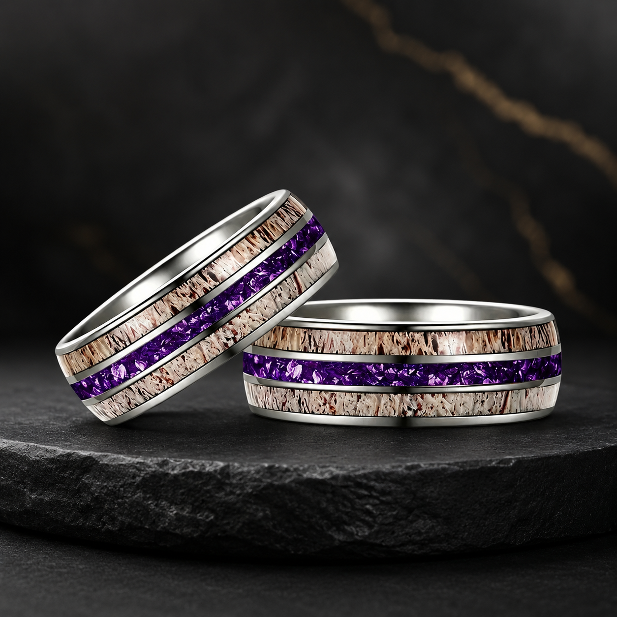 silver tungsten carbide ring with deer antler and meteorite inlay