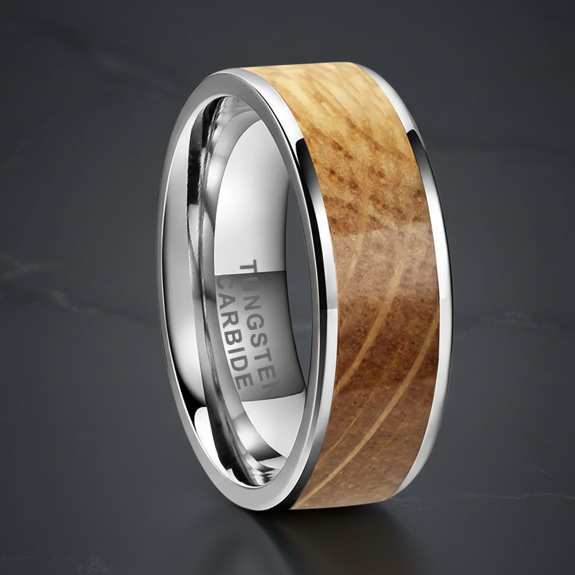 tungsten Ring with wooden inlay and silver band on a dark background