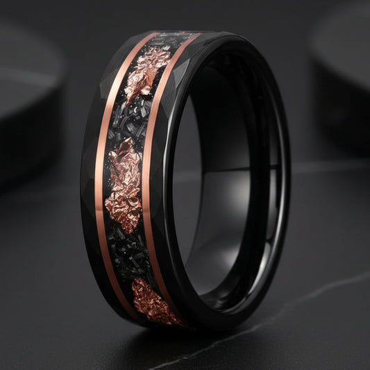 tungsten ring with rose gold foil meteorite inlay