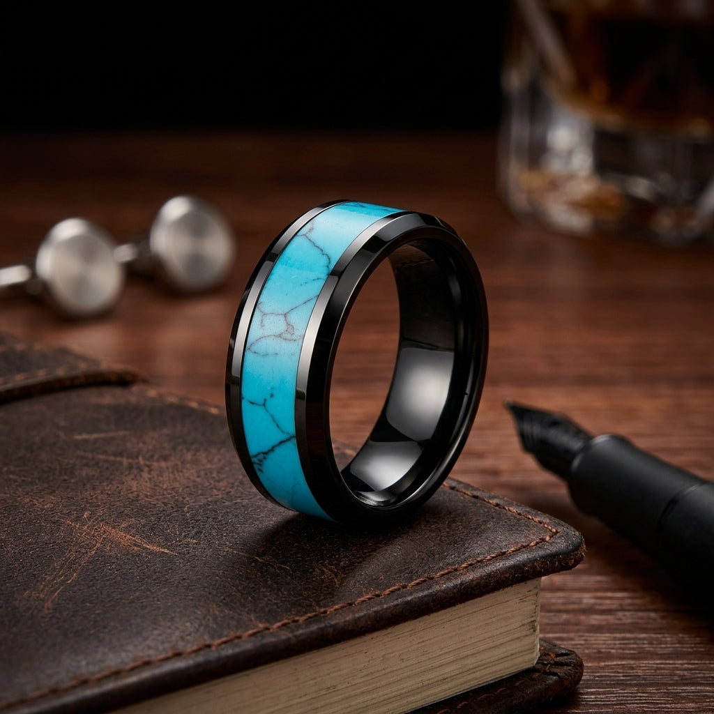 turquoise inlay tungsten wedding band