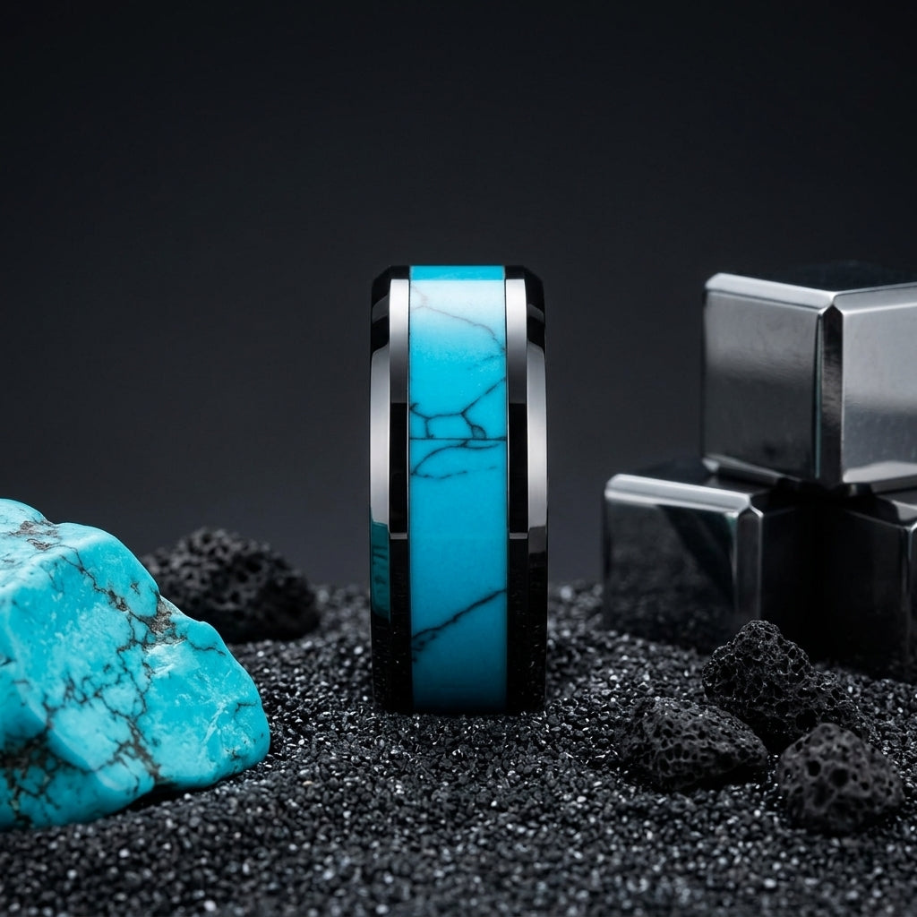 turquoise inlay tungsten wedding band